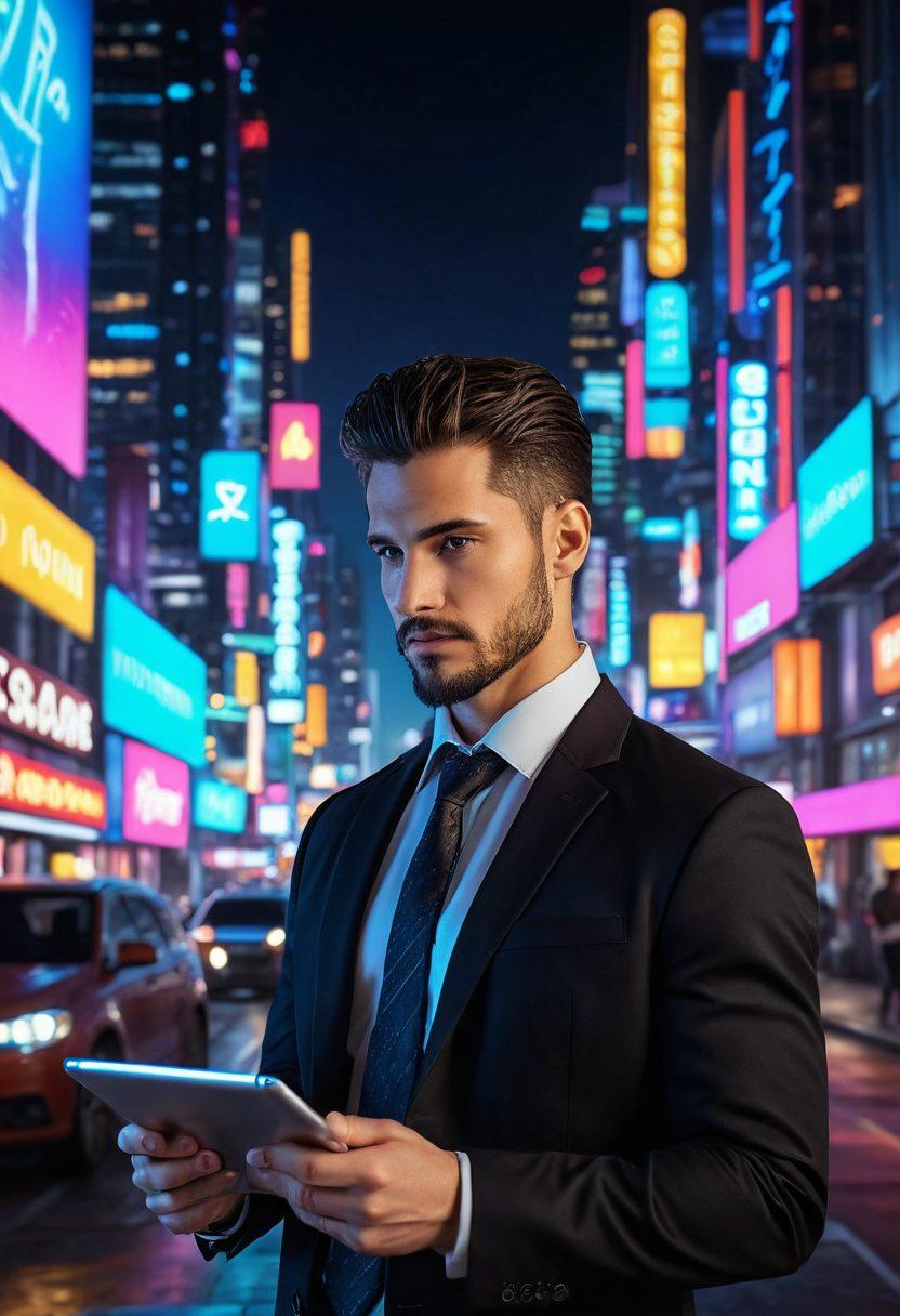 A modern digital landscape depicting a confident adult business owner navigating through various online insurance quotes on a sleek tablet. Surrounding them are floating icons representing safety, security, and financial trust, amidst a backdrop of vibrant neon city lights symbolizing the online adult industry. Include elements like a shield and check marks to signify safety. cyberpunk. vibrant colors. super-realistic.