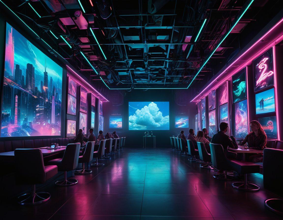 A sleek, modern nightclub scene featuring diverse individuals engaging in adult entertainment, with glowing neon lights and digital screens displaying insurance icons and warning symbols. The atmosphere is a blend of allure and caution, highlighting both excitement and risk. Overhead, a digital cloud representing the 'digital age' looms with visual connections to various online platforms. Artistic elements to enhance intrigue and curiosity are present. cyberpunk. vibrant colors. super-realistic.