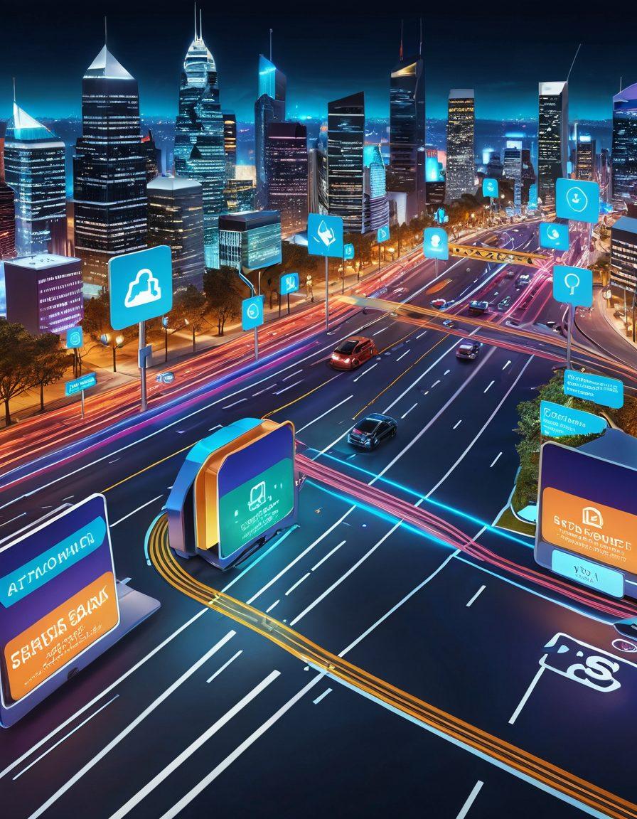 A vibrant roadmap illustrating various digital risks such as data breaches, privacy concerns, and cyber threats, integrated with visual symbols like shields, locks, and caution signs. The scene includes diverse adults engaged in digital activities, showcasing collaboration and awareness in managing these risks, set against a backdrop of a modern cityscape. The design features a mixture of technology motifs and personal safety elements, creating an engaging visual narrative. super-realistic. vibrant colors. 3D.